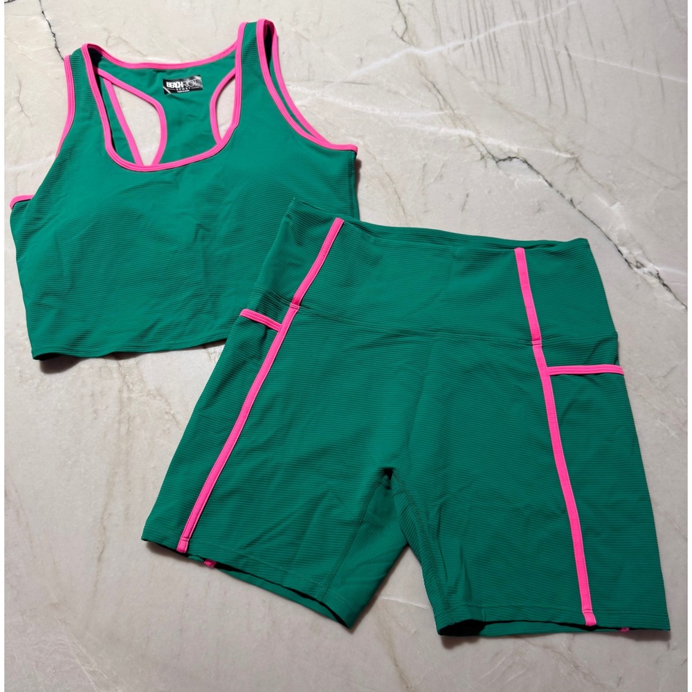 Beach Riot Sport Kelly Green Pink Ribbed Crop Tank & Biker Shorts Set XL